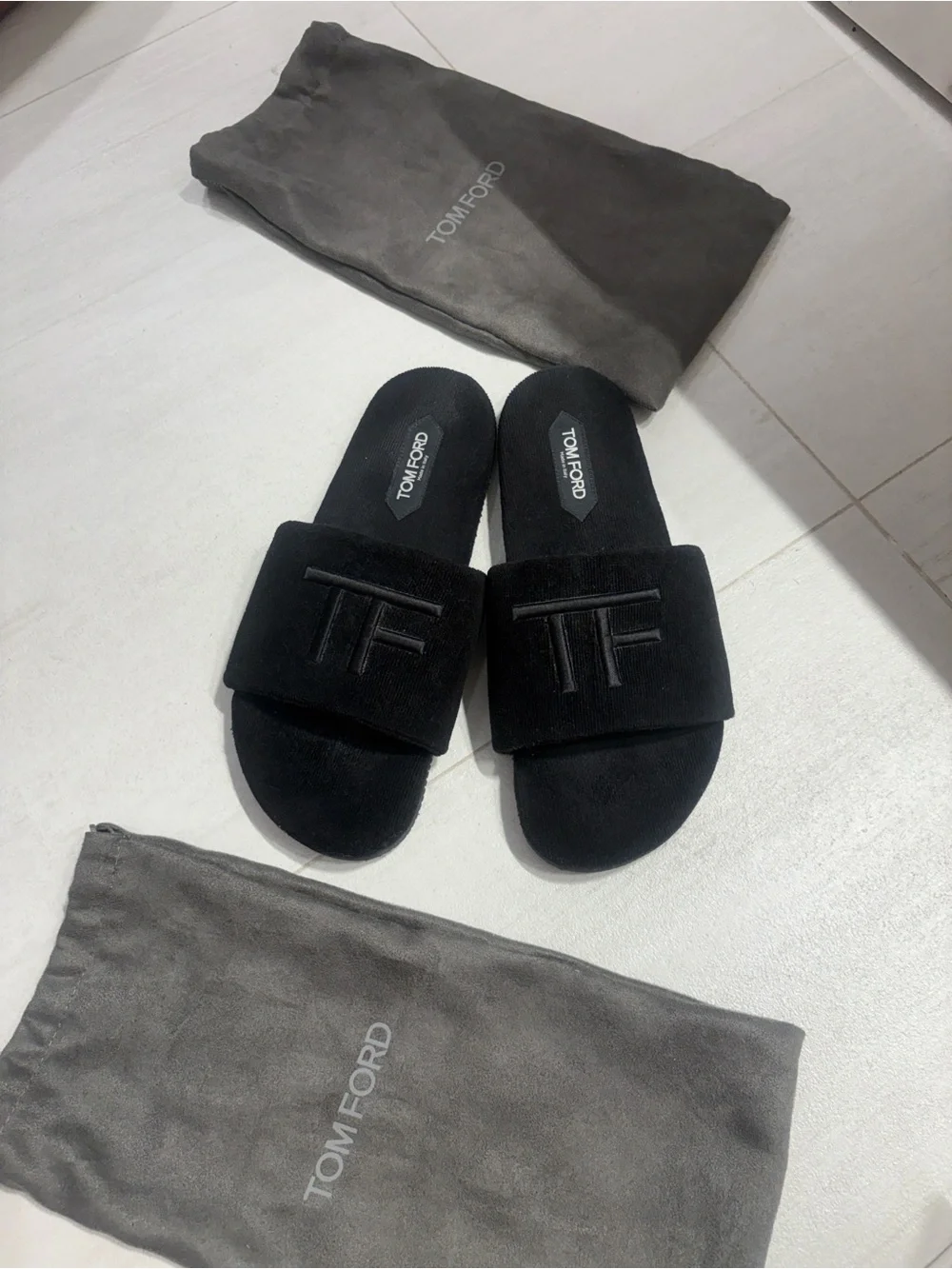 Tom Ford Black Suede TF Logo Slide Sandals